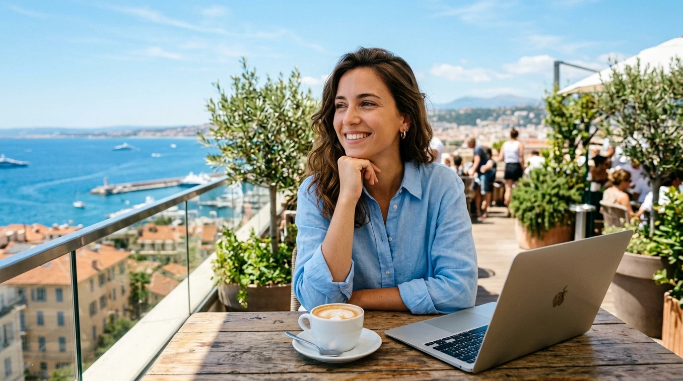 Personne travaillant sereinement sur une terrasse ensoleillée face à la ville avec ses outils d'aide à la décision
