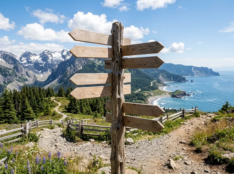 Poteau indicateur de directions et carrefour décisionnel