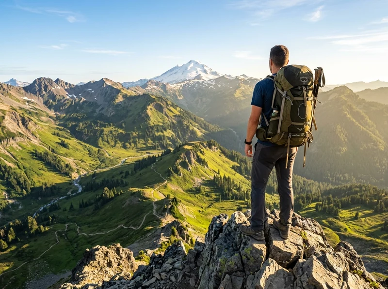 Randonneur contemplant un panorama de montagne vers son objectif