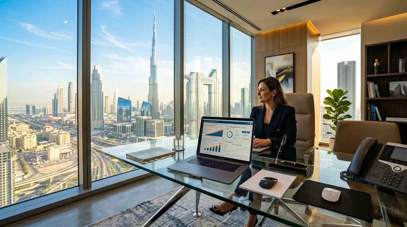 شخص يخطط لمشاريعه الاستثمارية والتمويلية في بيئة عمل عصرية ومشرقة في الإمارات.