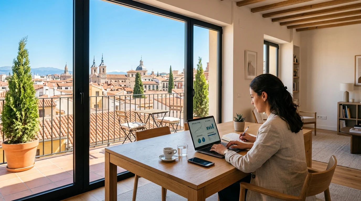 Una persona analizando opciones de compra de vivienda y nómina neta en España.