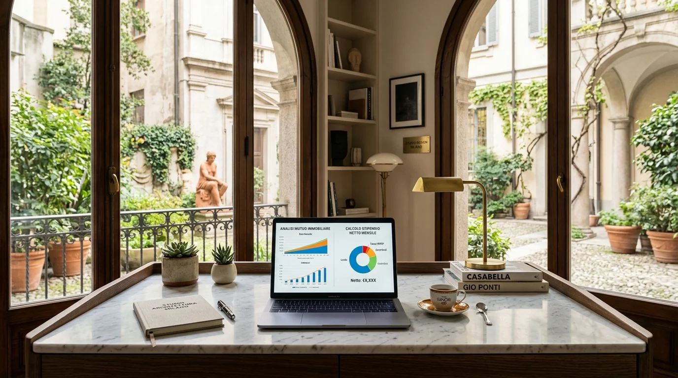 Un professionista in uno studio luminoso pianifica investimenti, mutuo e imposte in Italia.