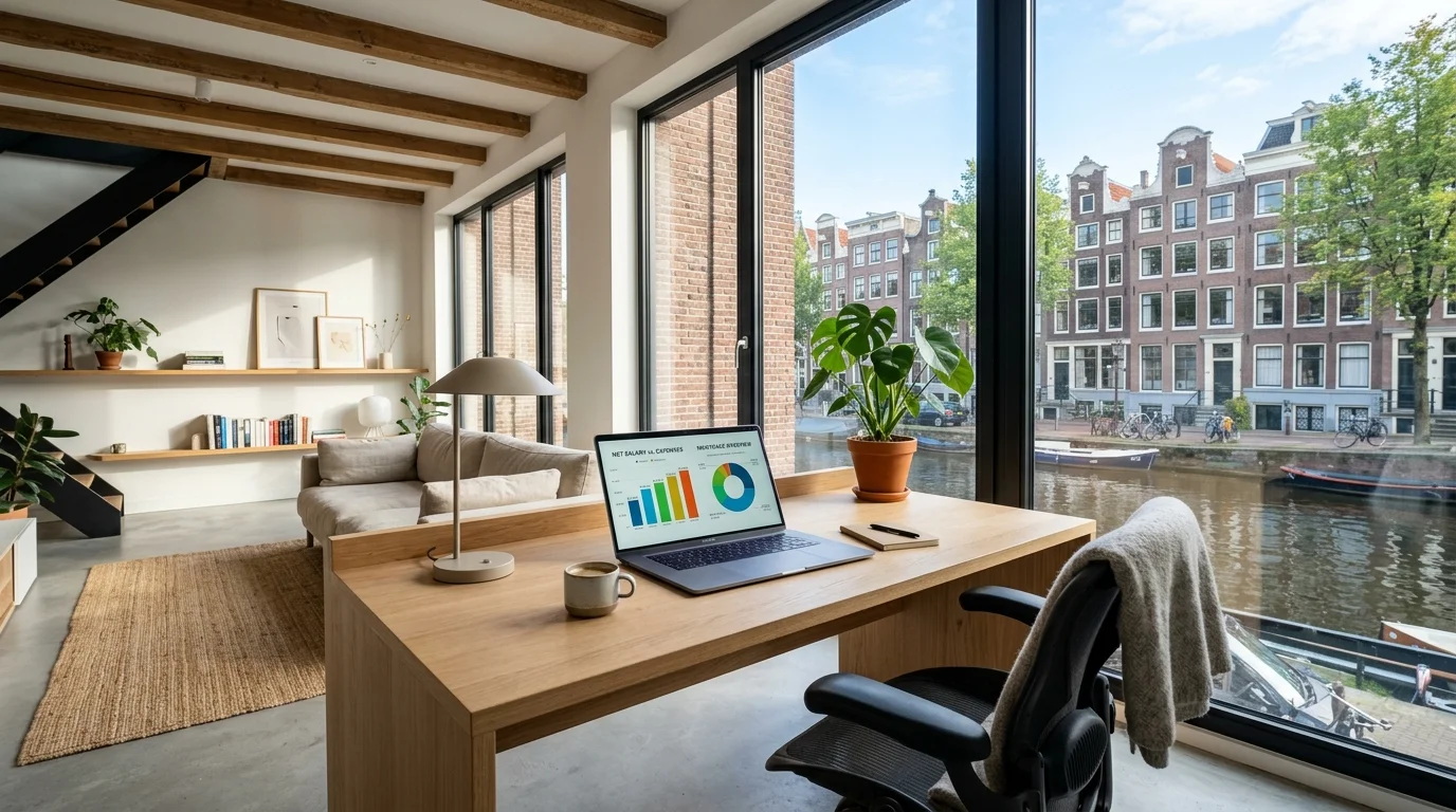 Persoon die hypotheek en gezinsbudget nauwkeurig plant in een lichte Nederlandse woonkamer.