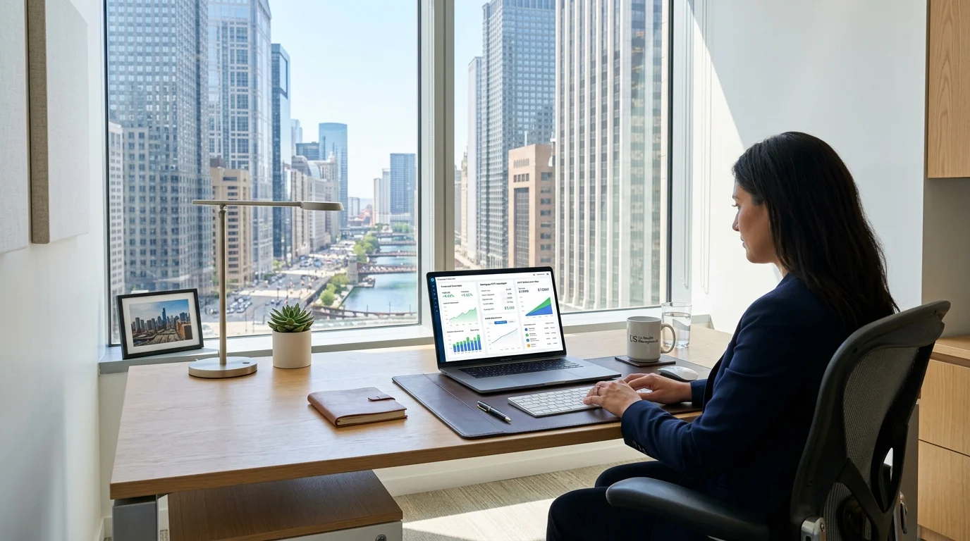 A professional in a bright home office planning retirement and mortgage scenarios in the United States.
