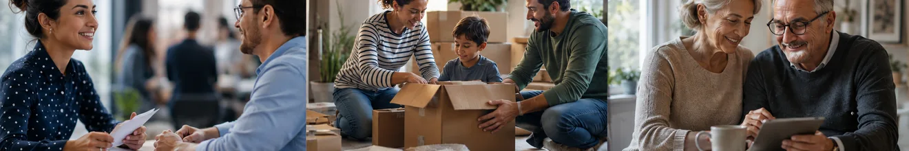 Moments de vie : evolution professionnelle en debut de carriere, famille preparant un demenagement, couple senior preparant sa retraite